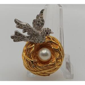 Vintage Bird Nest Brooch Rhinestone Bird Faux Pearl Gold Tone Pin